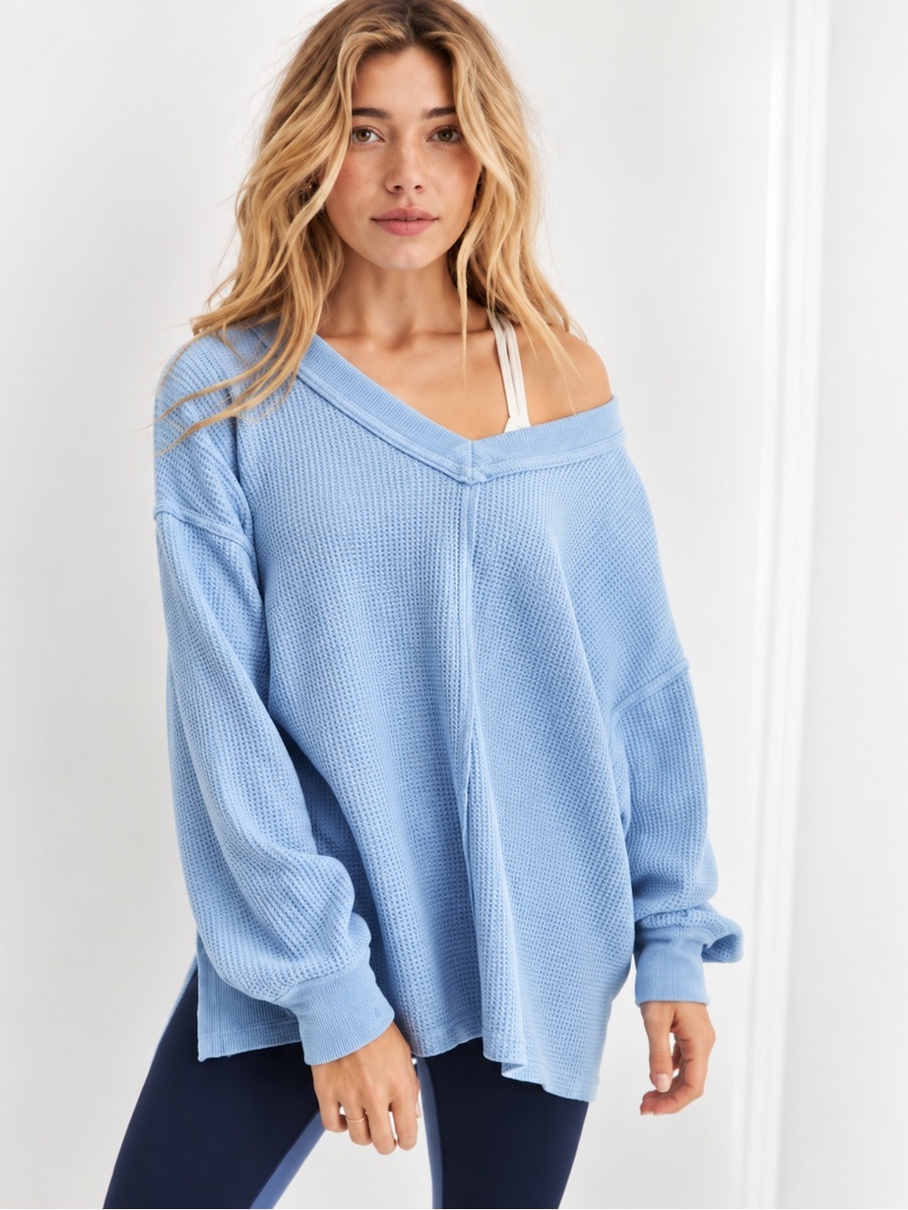 Aerie Wonder Texture Waffle Knit Top – Size XL – Blue